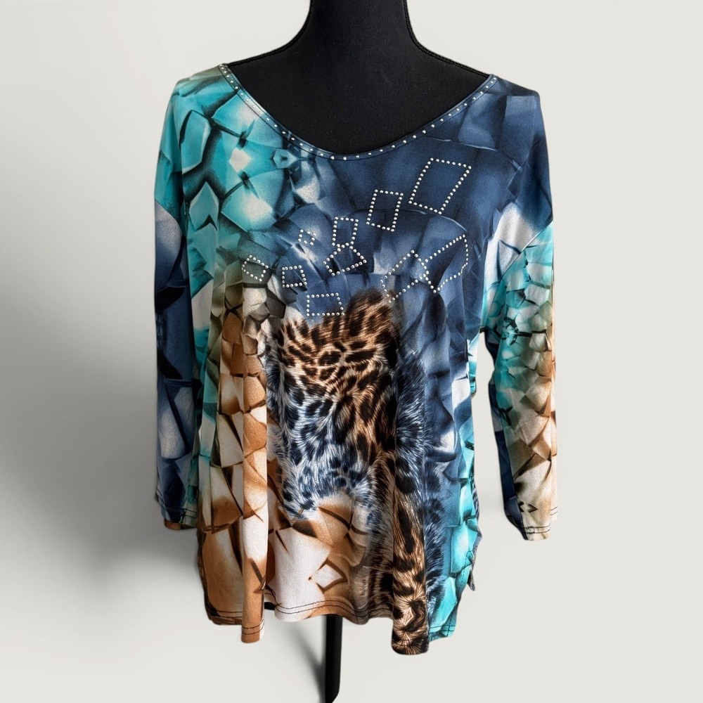 Valentina Abstract Leopard Rhinestone Top Womens XL Y2K Art to Wear 3/4 Sleeve